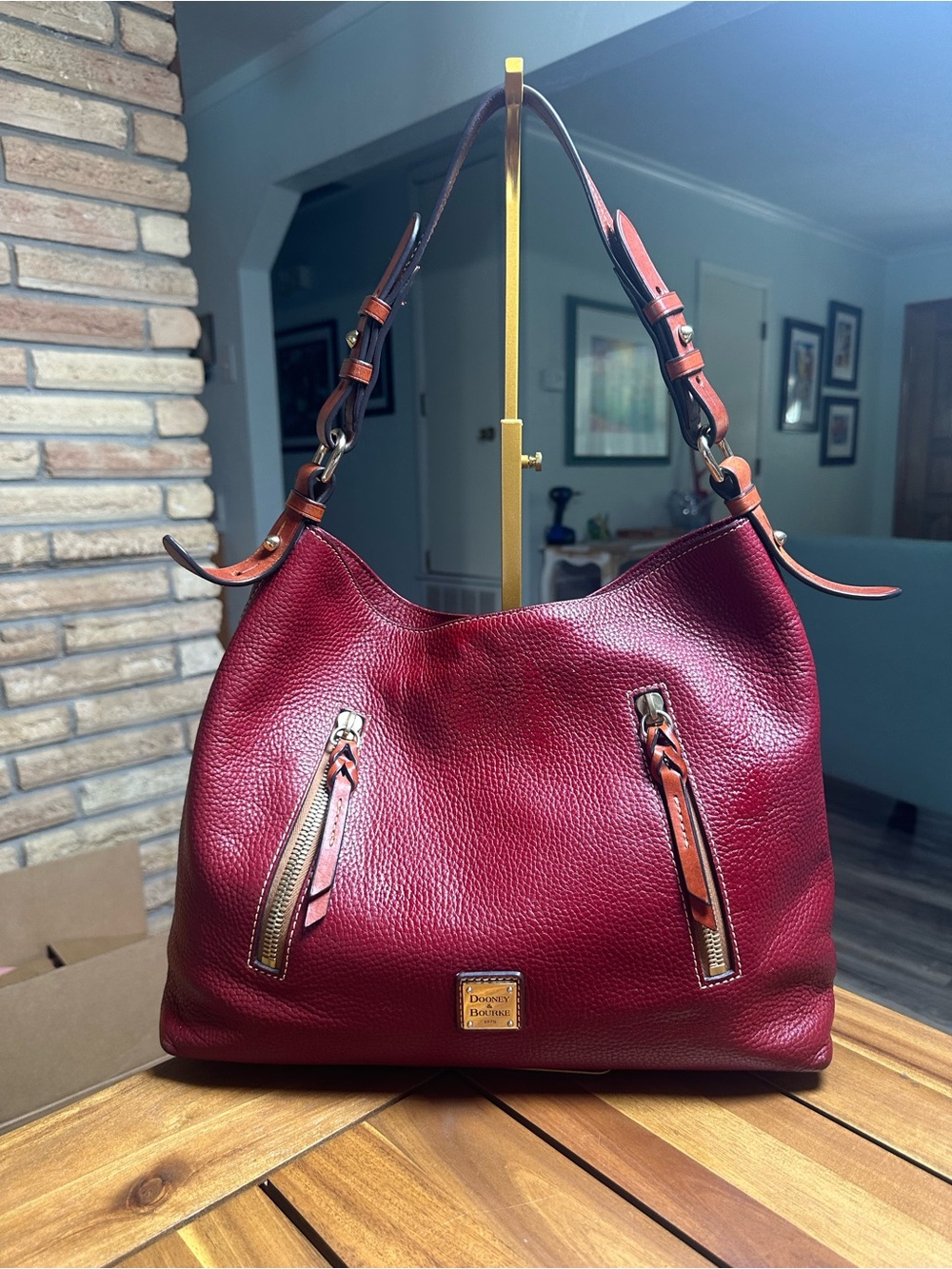 Dooney & Bourke Burgundy Cooper Pebbled Leather Hobo with Tan Accents